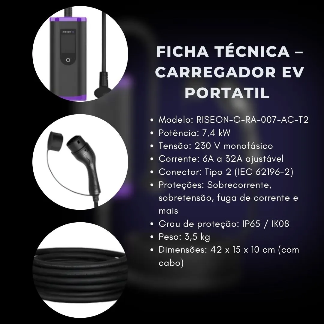 Carregador Veicular portátil Ev Riseon 22kw Tipo2 220v Ip65 Rfid Wi-fi Preto - Imagem 3
