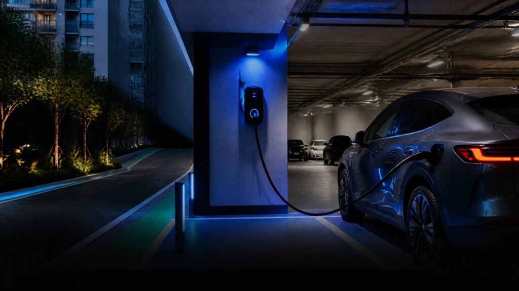 Condomínio moderno em São Paulo com carro elétrico carregando em vaga de garagem com ponto de recarga individual.