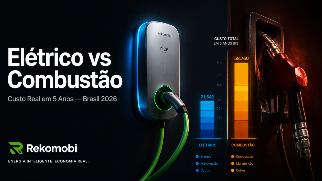 Comparativo carro elétrico vs combustão Brasil 2026 — gráfico de custo total de propriedade em 5 anos com destaque em verde para economia do elétrico