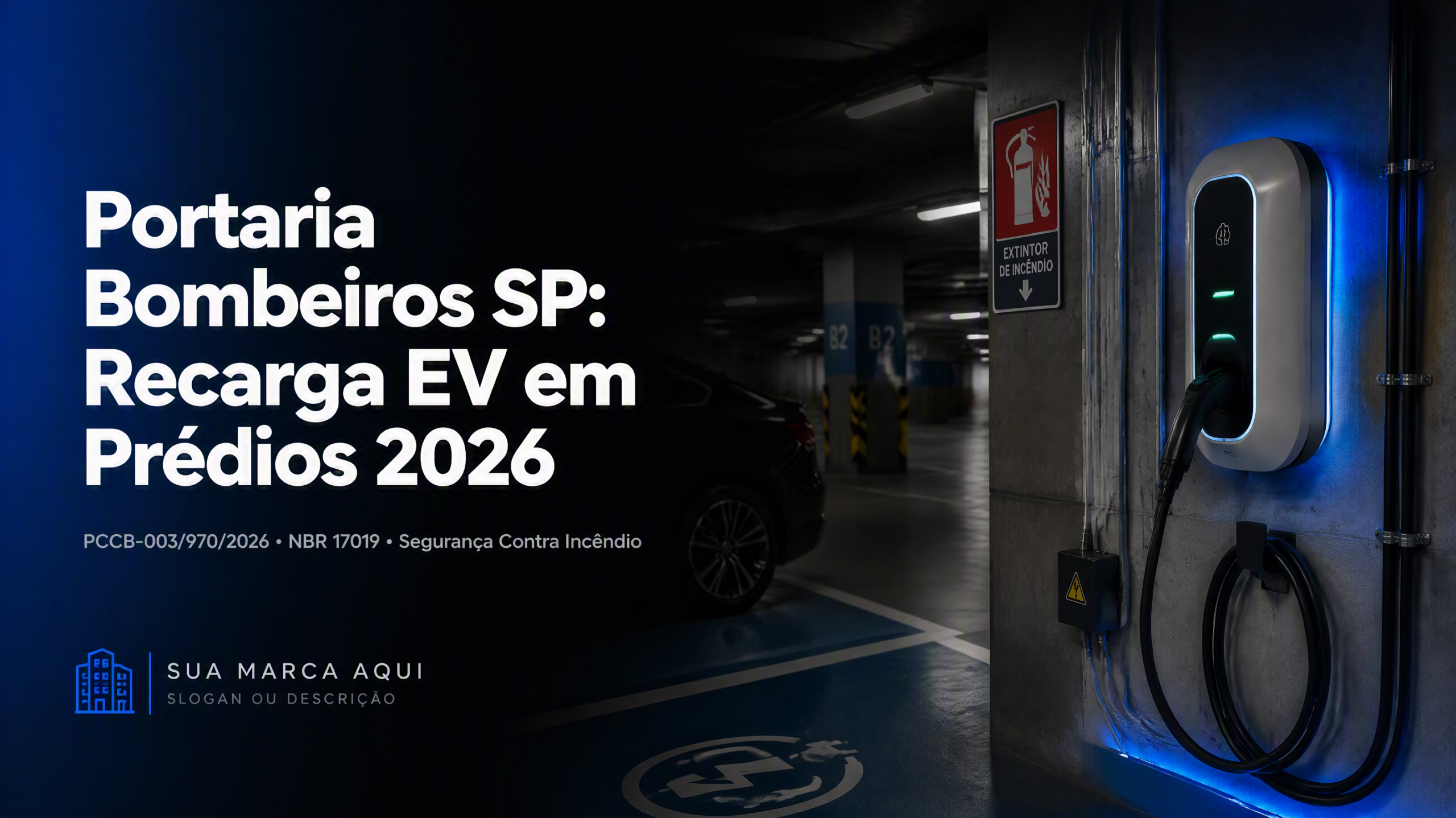 Portaria Bombeiros SP 003/970/2026 — wallbox instalado em garagem de condomínio com sinalização de segurança contra incêndio