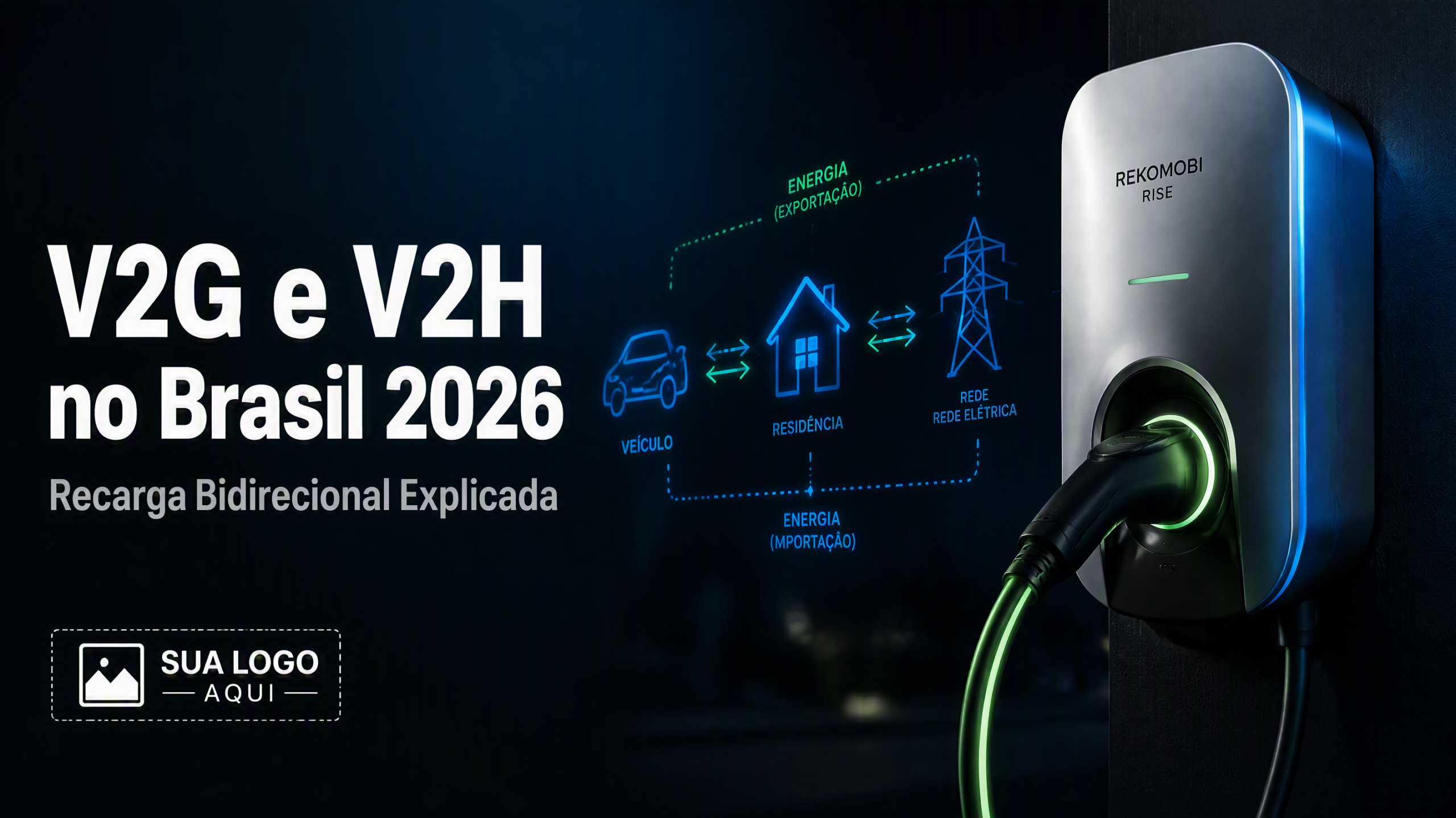 Diagrama V2G V2H V2L recarga bidirecional Brasil 2026 — carregador Rekomobi com setas bidirecionais em azul e verde